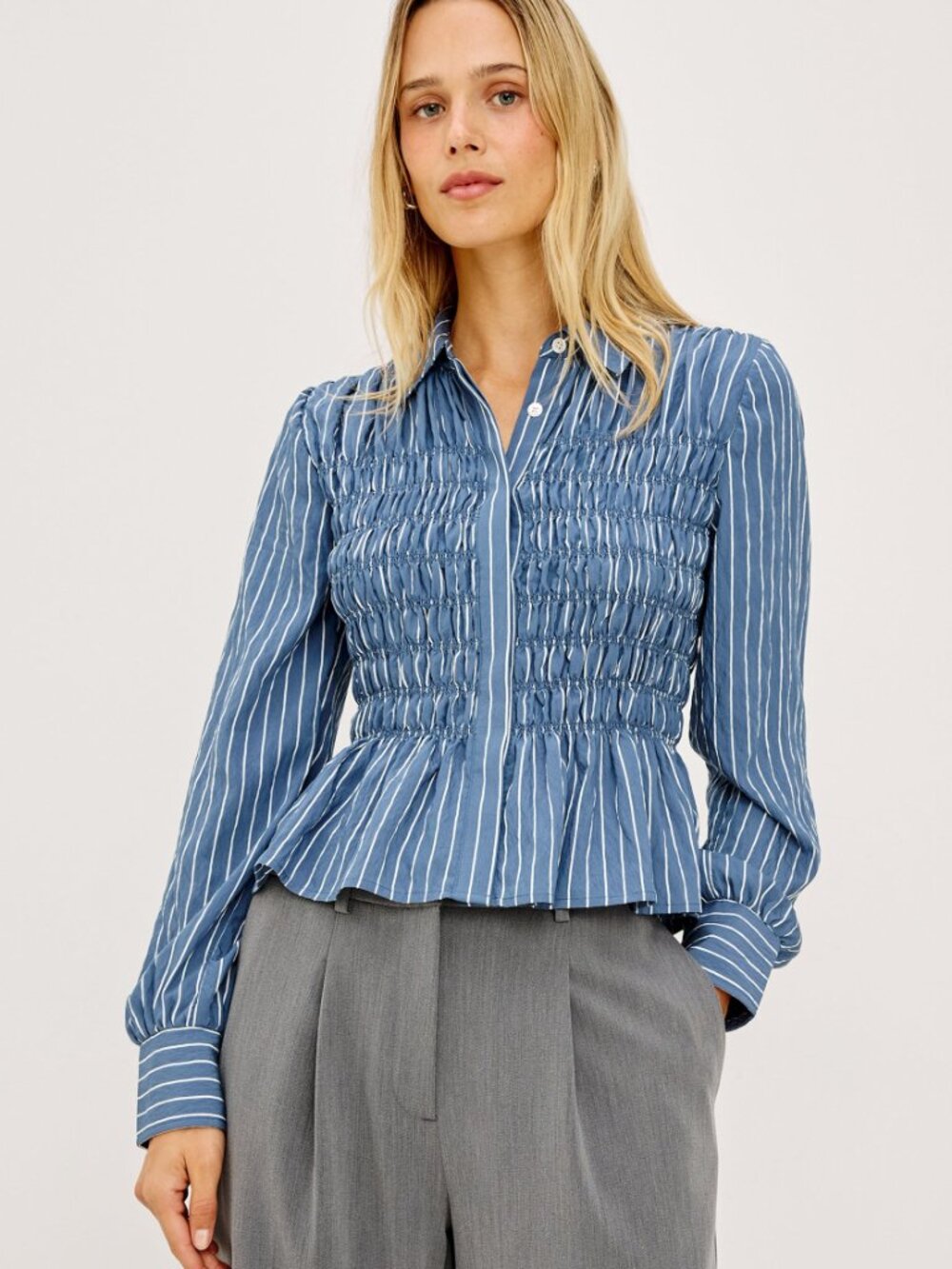 218$ Rails Bradshaw Stripe Peplum Hem Shirt Women's Size 10 Blue Washed Indigo